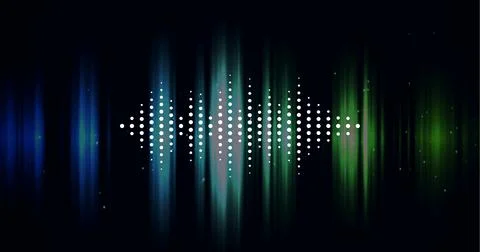 Composition of white graphic music equalizer over blue and green light trails Illustrazione stock