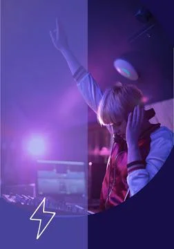 Composition of white lightning icon over female dj Stock Photos