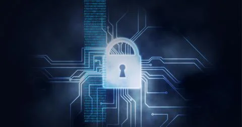 Composition of white padlock and circuitboard with blue binary coding on black Illustrazione stock