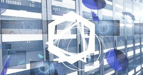 Composition of white shapes and data processing over server room Ilustração Stock