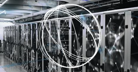 Composition of white shapes and data processing over server room Ilustração Stock
