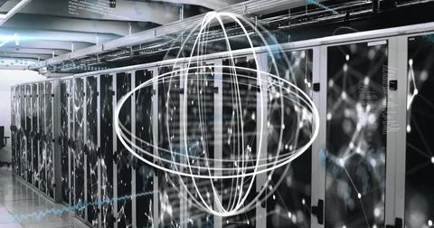 Composition of white shapes and data processing over server room イラスト素材
