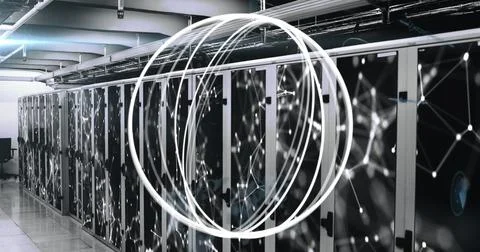 Composition of white shapes and network of connections over server room Ilustração Stock