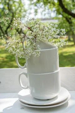 Composition of white tea cups and saucers, at the top a small cup with smal.. 스톡 사진