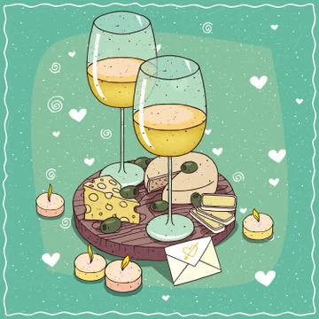 Composition with white wine glasses and cheese Illustrazione stock