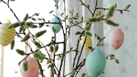 Composition of willow branches and Easter eggs by the open window. Stock Footage 235173339