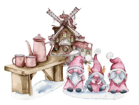 Composition of a windmill and gnomes in the snow. Watercolor hand drawn ill.. Stock Illustration