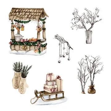 Composition of windmill , cottage in snow . Christmas elements. Stock Illustration