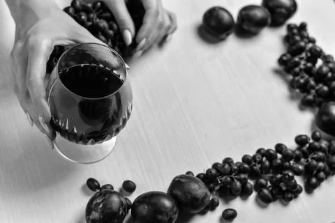 Composition of wine, grape and plums Stock Photos