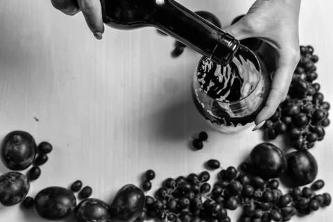 Composition of wine, grape and plums Stock Photos