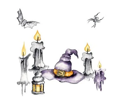 Composition wirh hat, lamp, candle. Watercolor hand drawn illustration. Can b Illustrazione stock