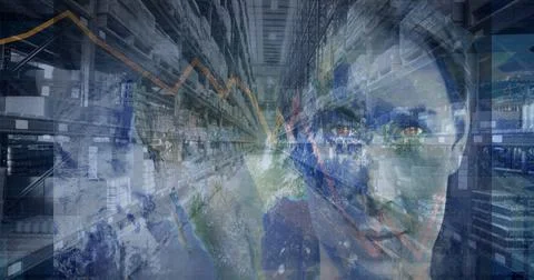 Composition of woman, financial data processing with globe over stacked up 库存照片