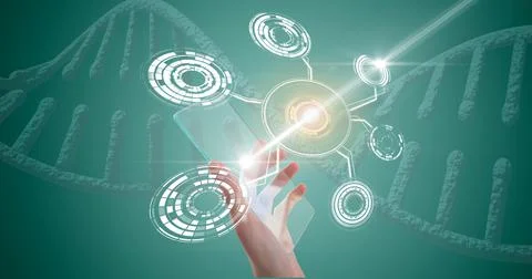 Composition of woman holding interactive screen with medical data processing, Stock Photos