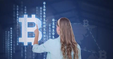 Composition of woman touching virtual screen with bitcoin symbol and binary 写真素材