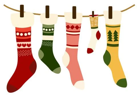 Composition of woolen christmas themed socks hung with clothespin on a wire Ilustração Stock