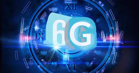 Composition of the word 6g over a blue clock and floating shapes in background 스톡 일러스트