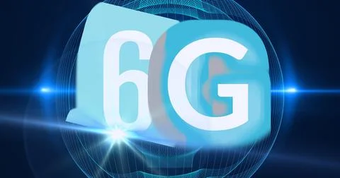 Composition of the word 6g over a blue ball with a grid in background 스톡 일러스트