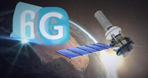 Composition of the word 6g over a globe with a floating satelite in background Illustrazione stock