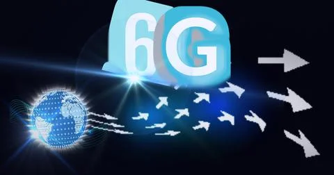 Composition of the word 6g over a globe woth floating white arrows in background Illustrazione stock