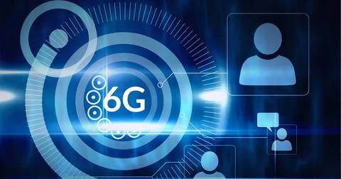 Composition of the word 6g over multiple cirlces and people images in background Illustrazione stock