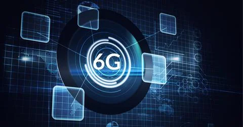Composition of the word 6g over multiple circles with statistics and data in Stock Illustration