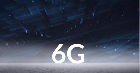 Composition of the word 6g over multiple blue shapes floating in background Illustrazione stock