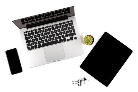 Composition of workspace, top view. Stock Photos