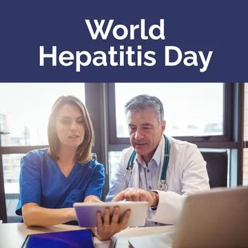 Composition of world hepatitis day text over caucasian doctors using tablet Stock Illustration