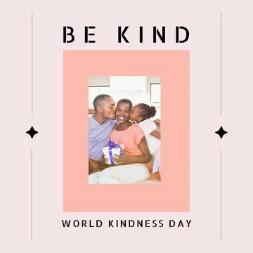 Composition of world kindness day text over african american couple and daughter Fotos Stock