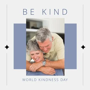 Composition of world kindness day text over senior caucasian couple cuddling Fotos Stock