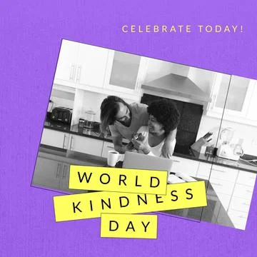 Composition of world kindness day text over diverse couple in kitchen Fotos Stock