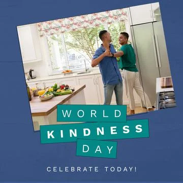 Composition of world kindness day text over diverse male gay couple in kitchen Stock Photos