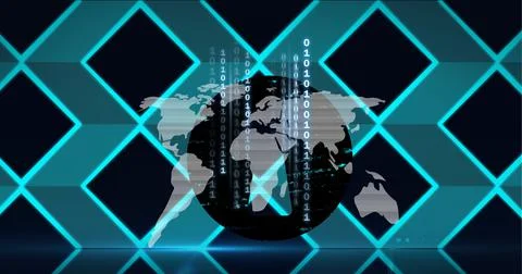 Composition of world map and binary code over blue 3d grid on black background Illustrazione stock