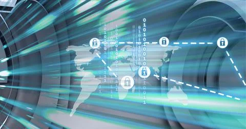 Composition of world map and connected white padlock icons on motion blurred Stock Illustration