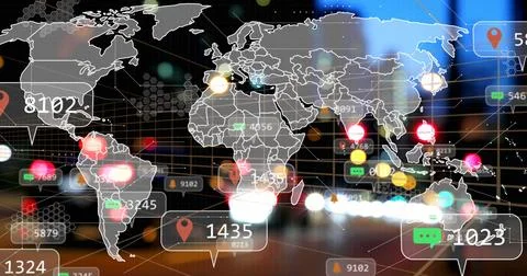 Composition of world map and data processing over out of focus cityscape Illustrazione stock