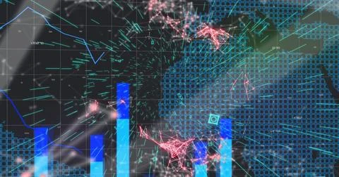 Composition of world map and data processing Stockillustratie