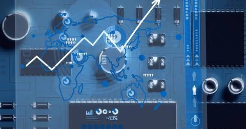 Composition of world map and data processing over computer circuit board Foto stock