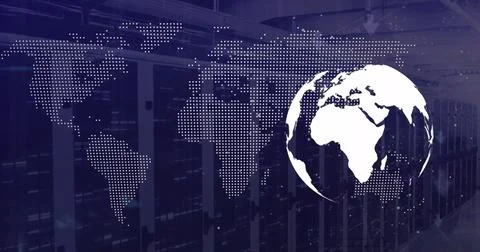 Composition of world map and globe over server room Ilustração Stock