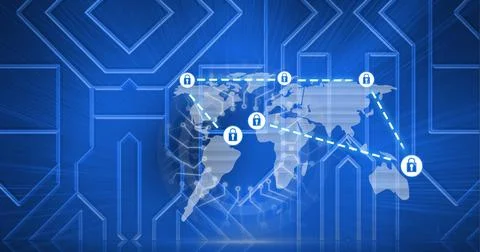 Composition of world map with connected padlock icons on blue circuitboard Stock Illustration