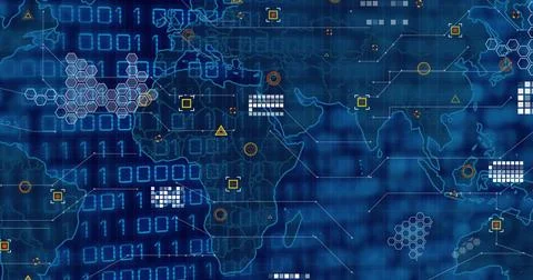 Composition of world map, data processing with binary coding Illustrazione stock