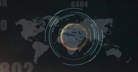 Composition of world map with numbers and scope scanning over black background Stock Illustration