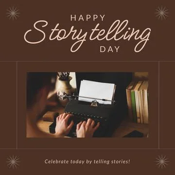 Composition of world storytelling day text with woman writing on retro Stock Photos
