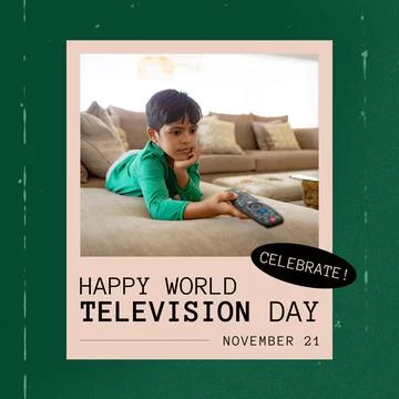 Composition of world television day text over biracial boy holding tv remote Stock Photos