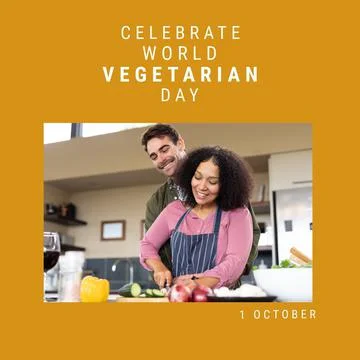 Composition of world vegetarian day text over diverse couple cooking in kitchen Fotos Stock