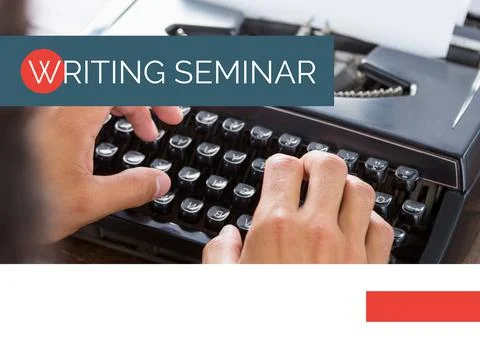 Composition of writing seminar text on grey banner over hands using typewriter, Stock Photos