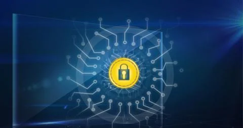 Composition of yellow padlock icon with circuits on transparent screen over dark Ilustração Stock