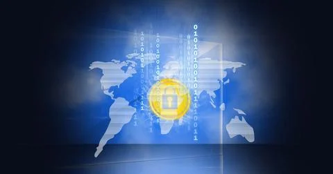Composition of yellow padlock icon, world map and binary with blue sky on dark Stock Illustration