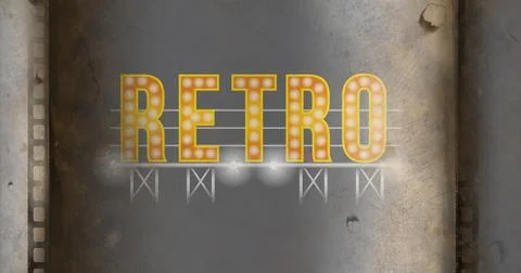 Composition of yellow retro text with lit light bulbs on grey metallic 스톡 일러스트