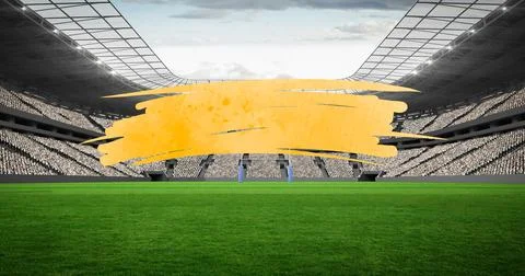 Composition of yellow squiggle with copy space over empty sports stadium with Stock Illustration