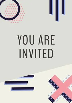 Composition of you are invited text with pink, blue and black geometric patterns Stock Illustration